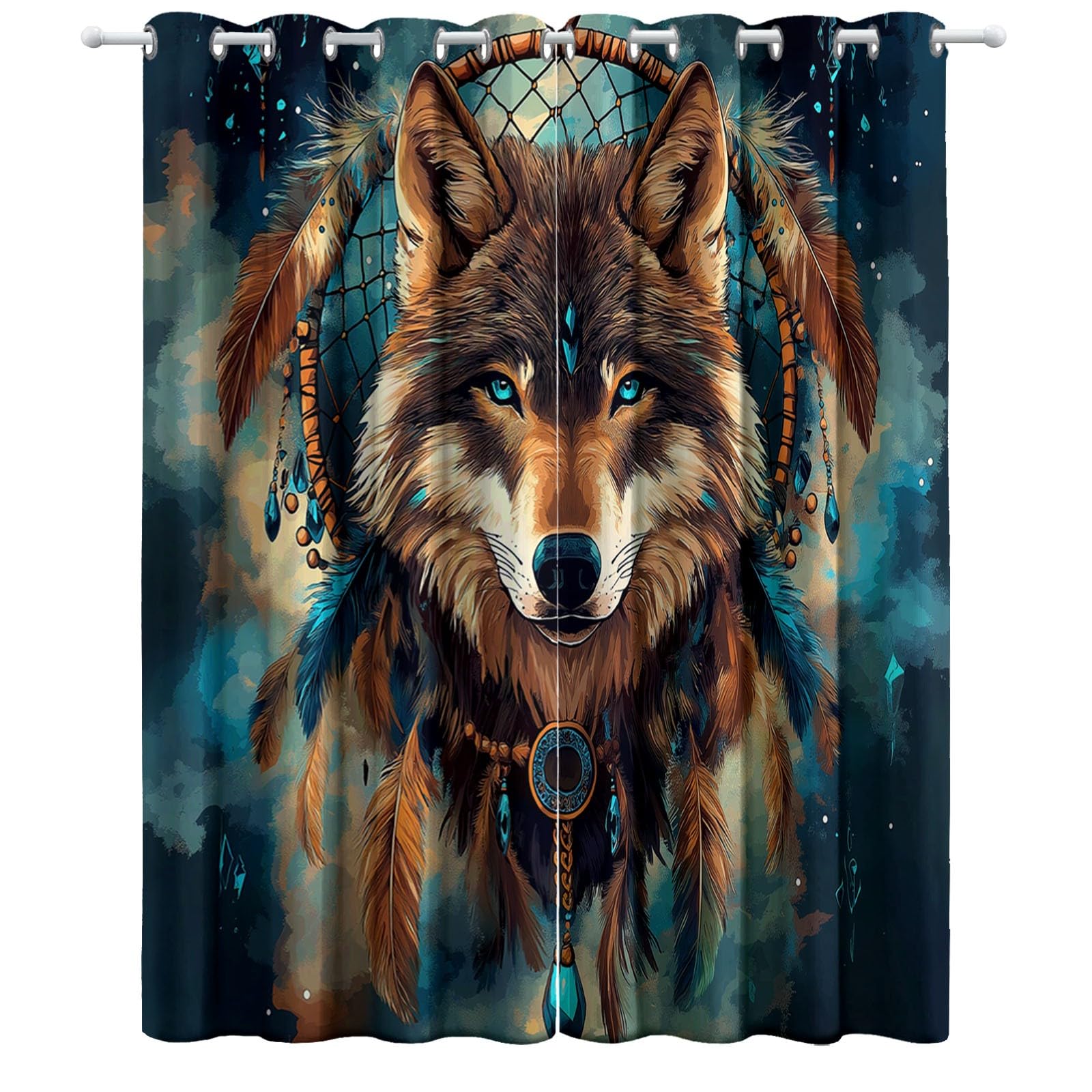 Generisch Blickdicht Vorhang Ösenschal Verdunkelungsvorhang 3D Traumfänger Wolfskopf Gardinen Kinderzimmer Wohnzimmer Thermovorhang Polyester H183 x B117 cm 2Er Set