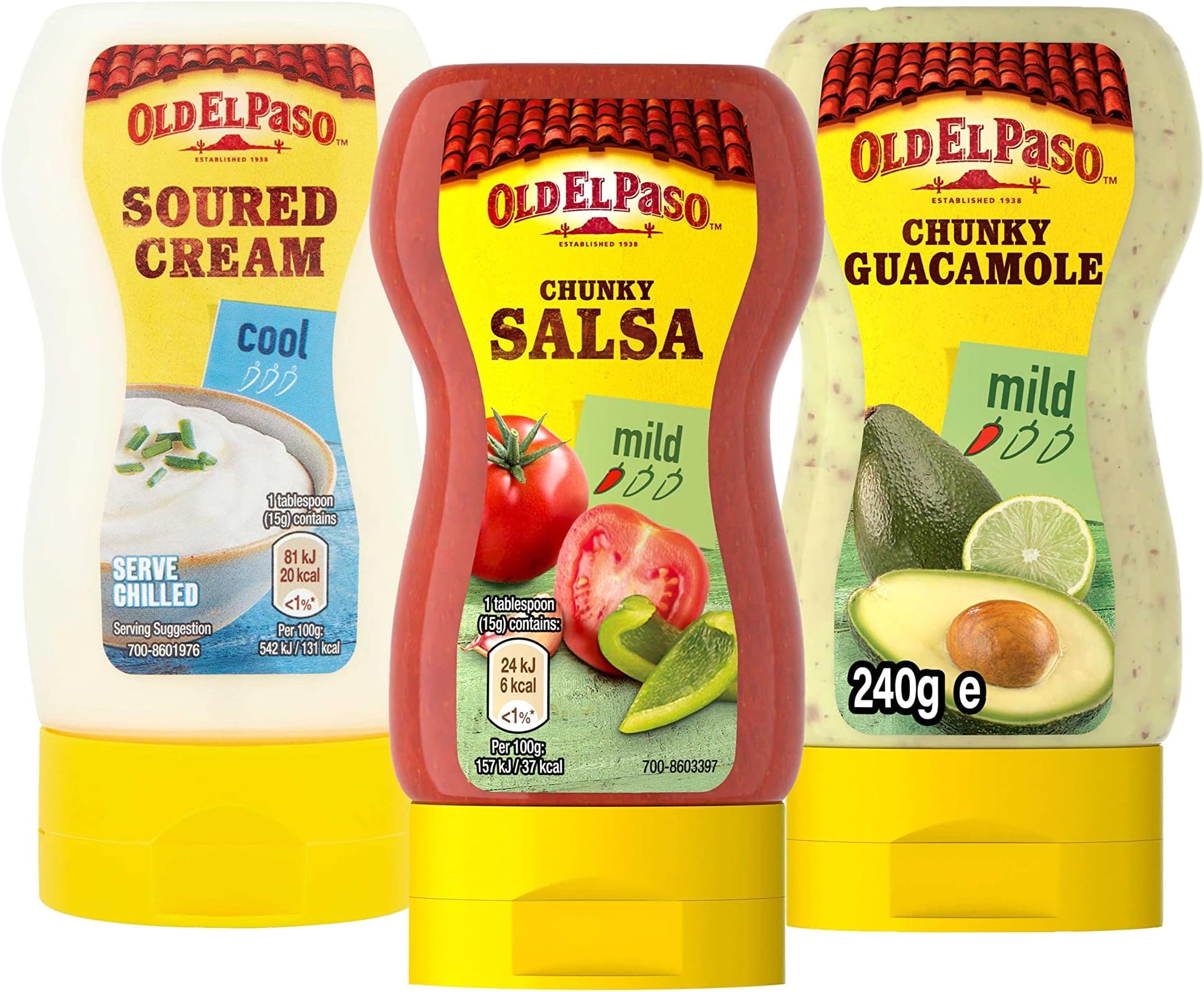 Old El Paso Squeezy Sauces 3 Pack Bundle - Chunky Guacamole 240g, Cool Soured Cream 230g & Chunky Salsa 238g