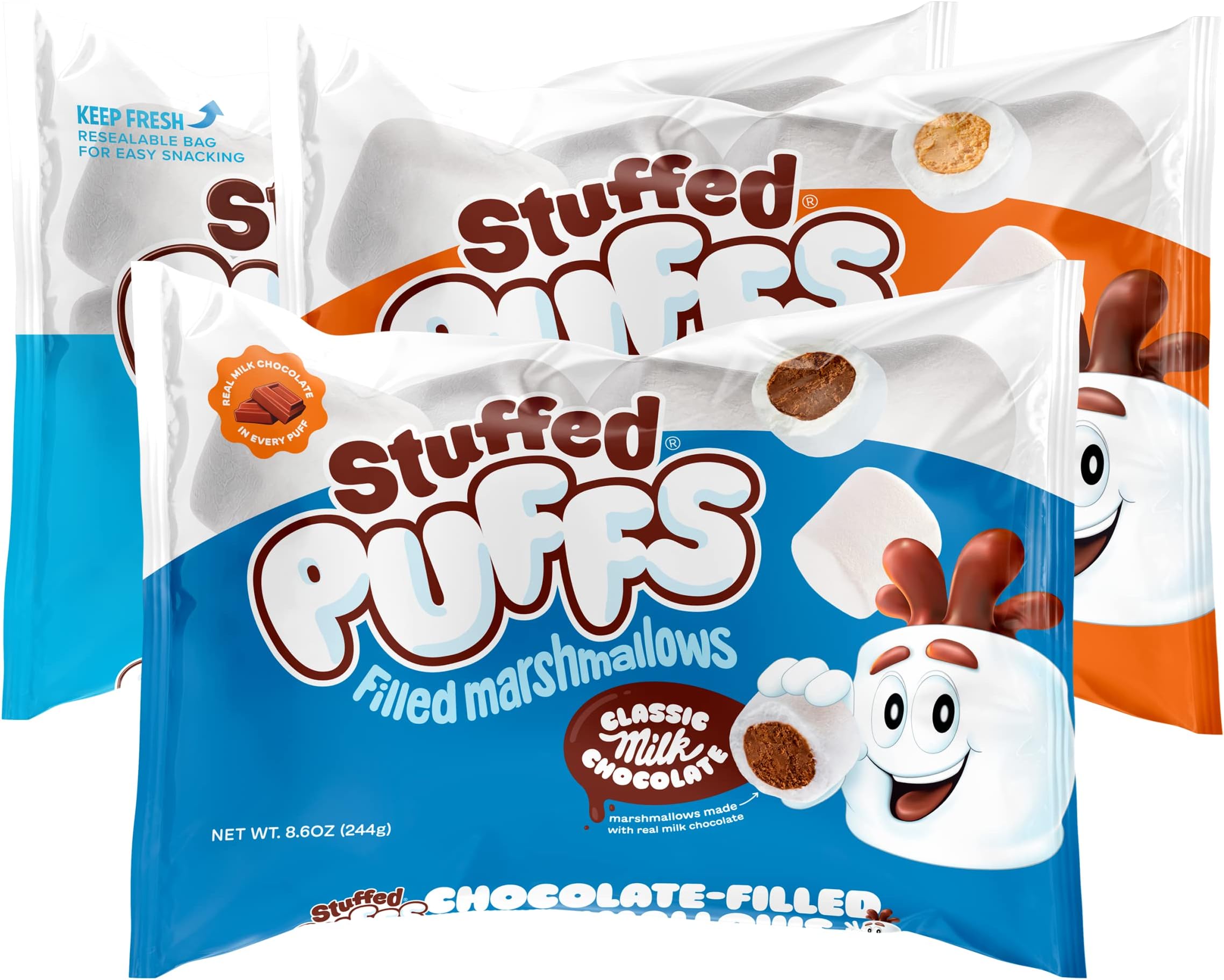 FLUFFING DELICIOUS™ Stuffed Puffs - Variety 3 Pack, Filled Marshmallows, Perfect for S'mores and Snacking, 1 bag of Classic Milk Chocolate, 1 bag of Salted Caramel, and 1 bag Cookies 'n Creme (8.6 oz each)
