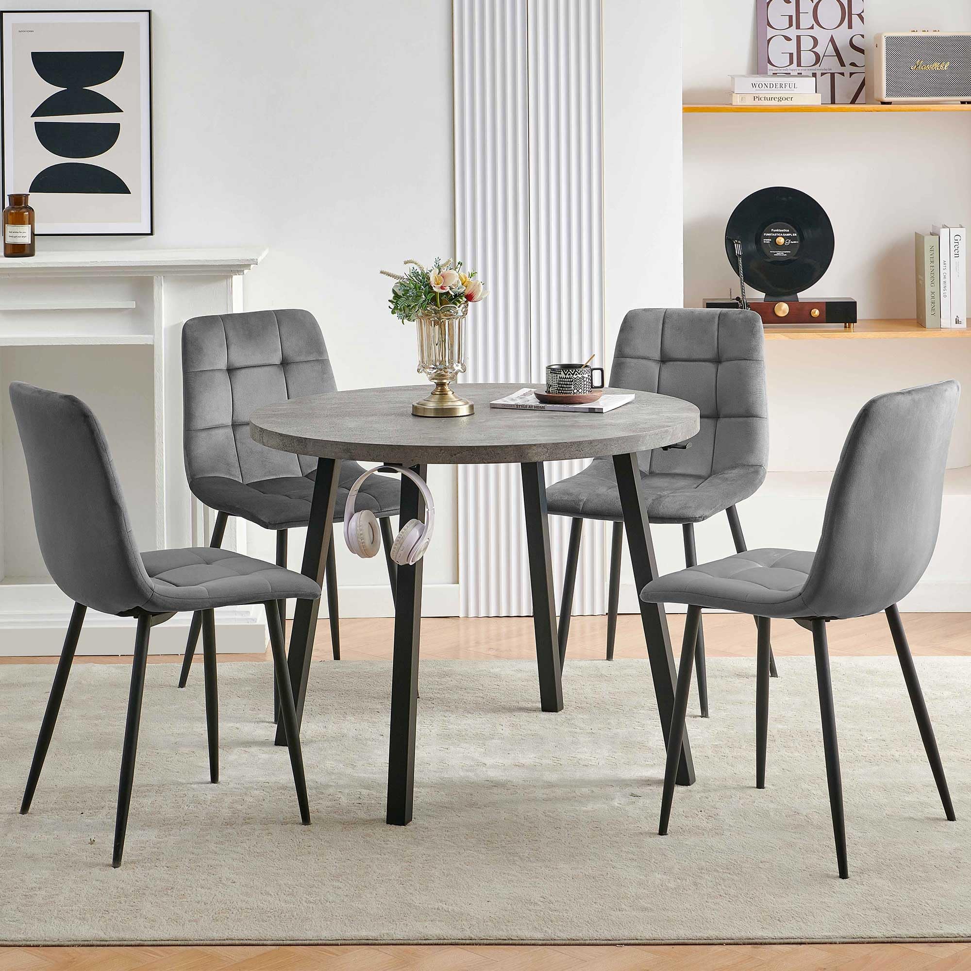 Homedot Kitchen Table and Chairs Set for 4, 37" Grey Round Dining Table with Hooks, Solid MDF Faux Wood Tabletop, Grey Velvet Dining Chairs