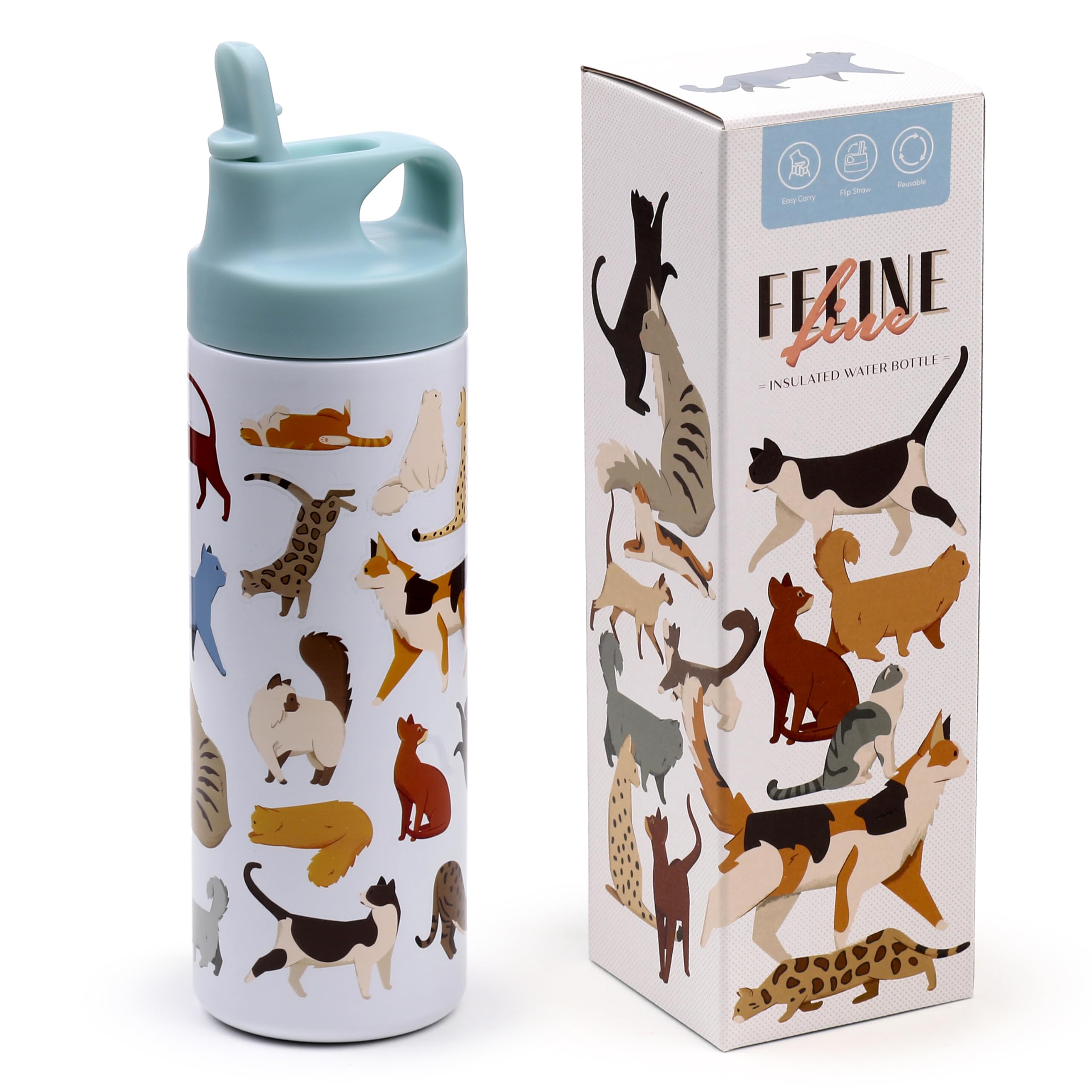 Puckator Feline Fine Cats Hot & Cold Flip Top Drinks Bottle 500ml - Stainless Steel Metal Insulated Water Bottles - Flask for Kids Girls Adults Mens Boys Drink Hot and Cold Water Bottle