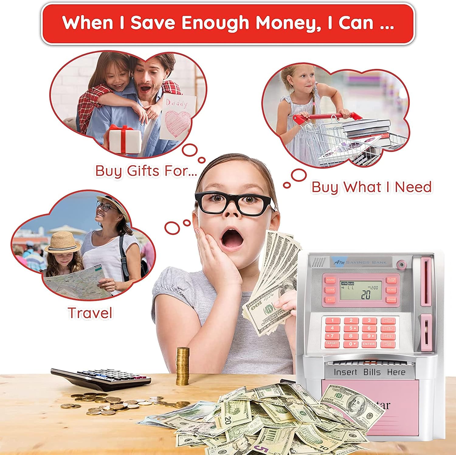 BKstar ATM Piggy Bank for Kids - Talking Electronic Money Bank with Debit Cards & Digital Coin Counter for Real Money, Boys Girls