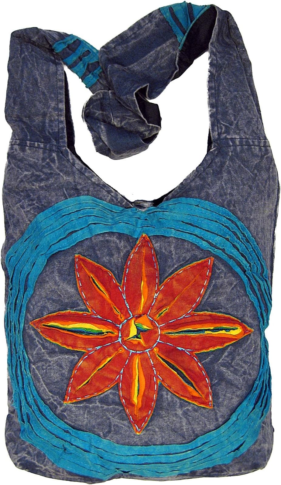 Star Flower Cotton Stonewashed Sling Crossbody Bohemian Hobo Handbag in Denim