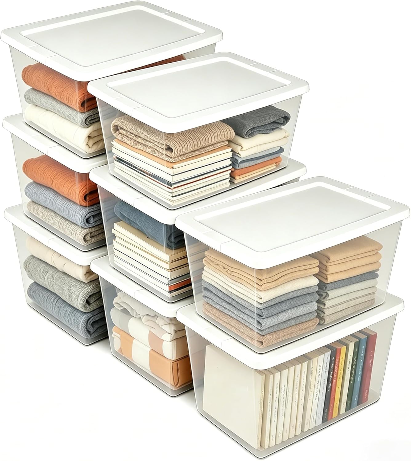 8-Pack 58 Quart Clear Plastic Storage Bins with White Locking Latch Lids, Stackable Organizer Containers for Home, Closet, Bedroom and Garage Storage