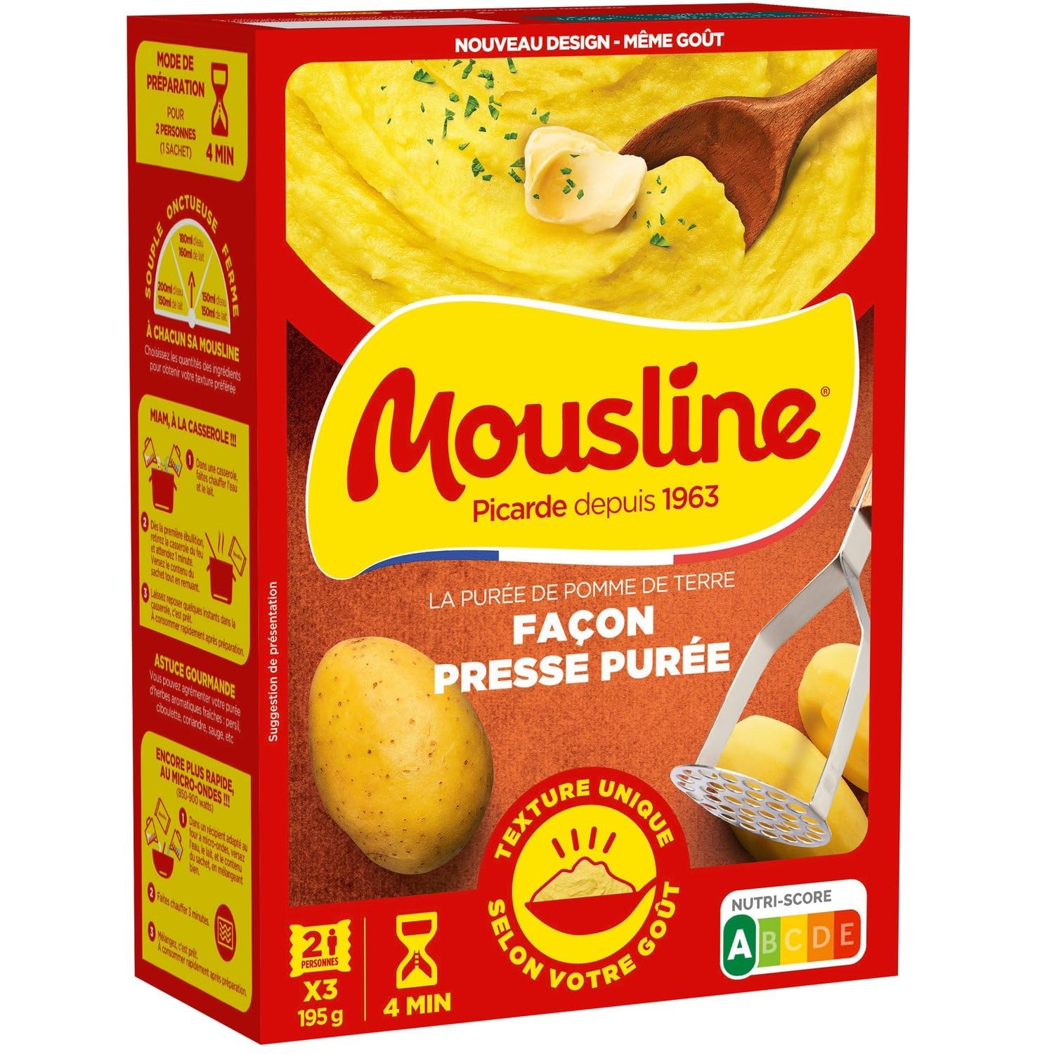 MOUSLINE – Purée Onctueuse et Rapide à Préparer, Texture Lisse et Saveur Gourmande (195g) - Le Lot De 4