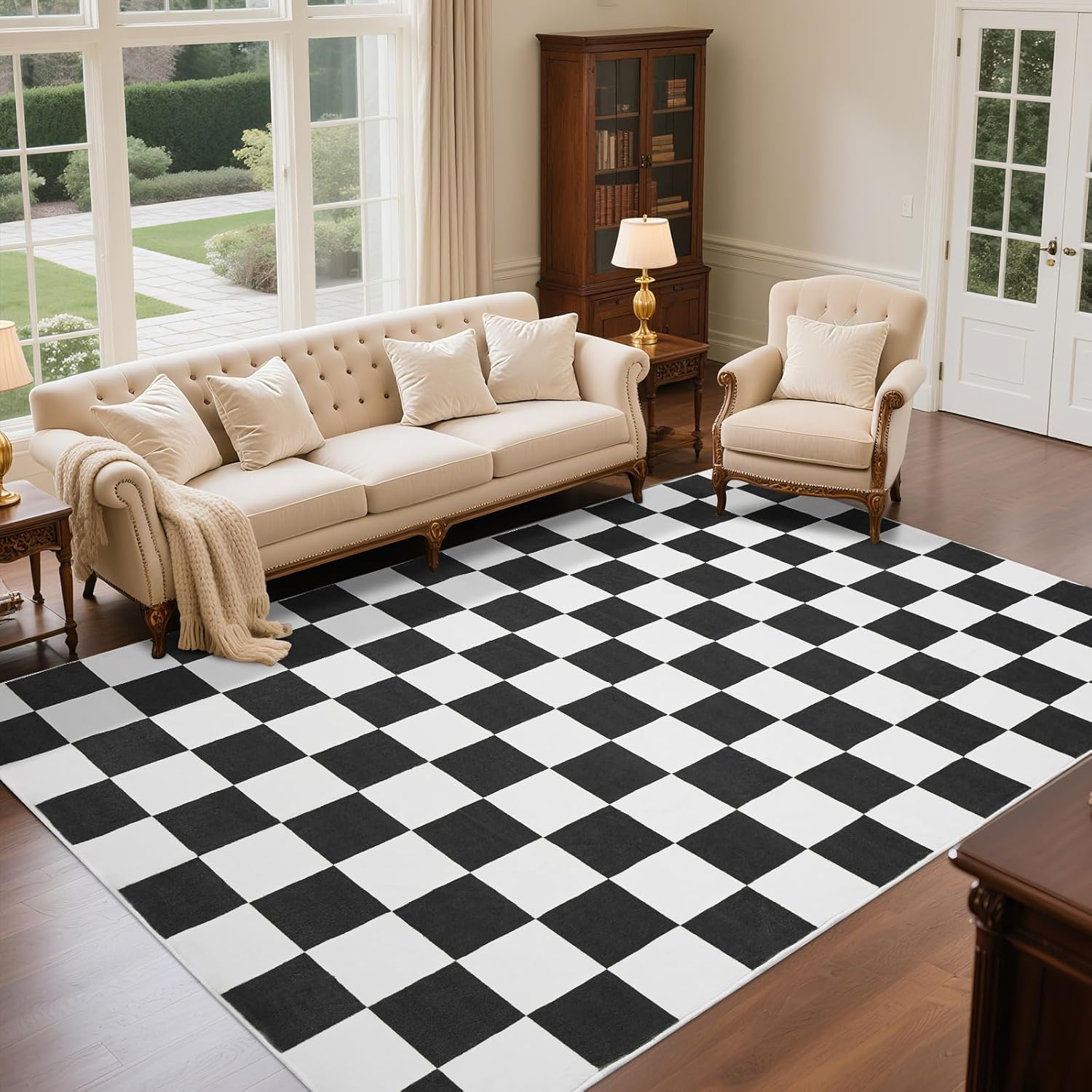 Washable Checkered Rug, 5x7 ft Black and White Rug, Low Pile Area Rugs for Living Room with Non-Slip Backing for Bedroom Playroom Classroom Office Dorm and Kids Room 7' x 5' (Rectangular) Pure Black and White