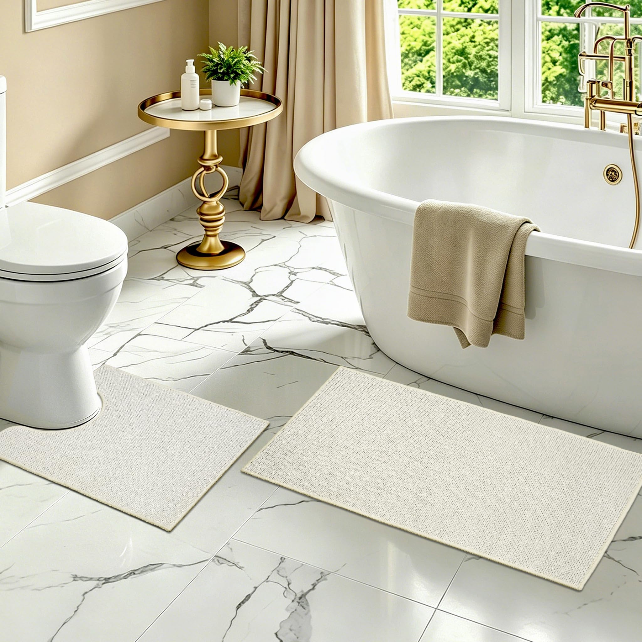 Homcomodar Bath Mat Set 2 Pieces Ultra Thin Bathroom Mat Set Absorbent Quick Dry Bath Mats for Bathroom Washable Non Slip Rubber Bath and Toilet Mats Set for Bathroom Floor Shower Bathtub (Beige)