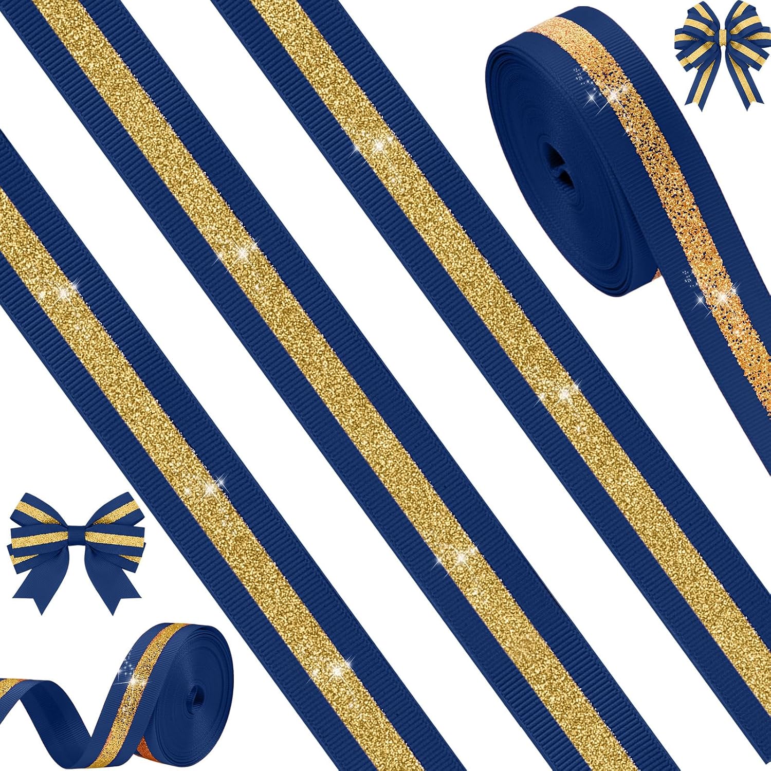 Tegeme 10 Yards 7/8 Inch Cheer Ribbon Navy Blue Gold Glitter Football Ribbon Team Spirit Roll Polyester Craft for Cheerleading Sport Event DIY Gift Wrapping Hair Bows Wedding Birthday Party Supplies