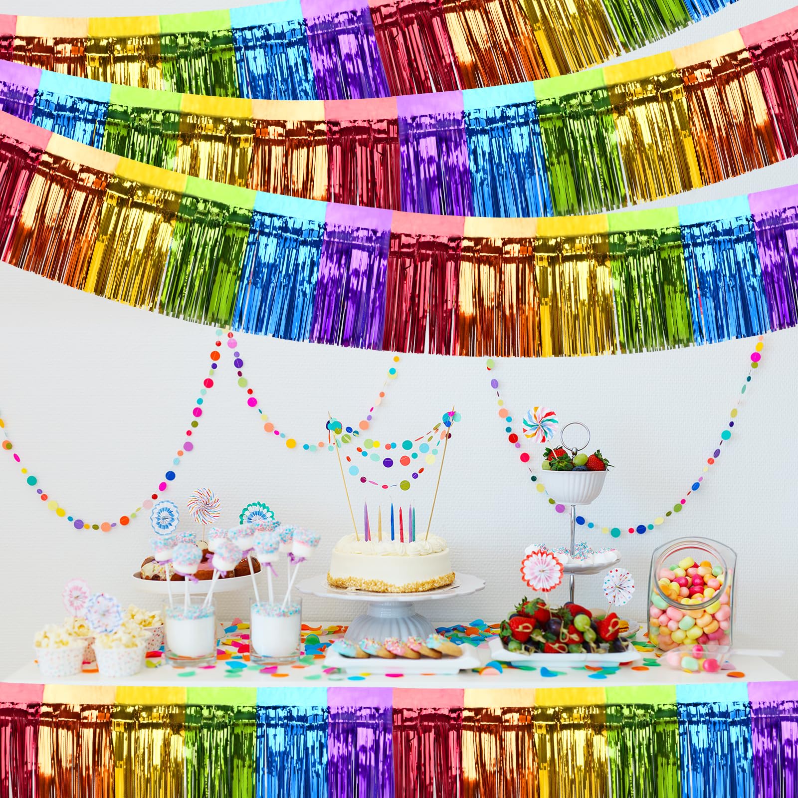3 Pcs Rainbow Foil Fringe Garland Backdrop Decorations, 9.8 Feet Rainbow Metallic Tinsel Glitter Banner, Hanging Pastel Party Decorations for Birthday