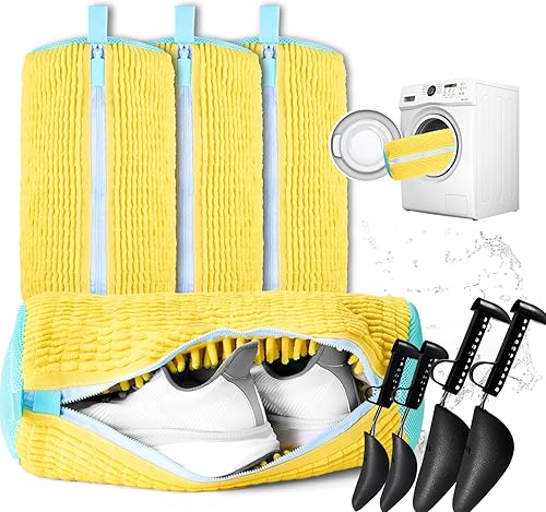 Bolsa para lavadora de zapatos, 4 bolsas para zapatos de lavandería para lavadora, con 4 árboles de zapatos (hombres 6-12.5 y mujeres 5-10.5),