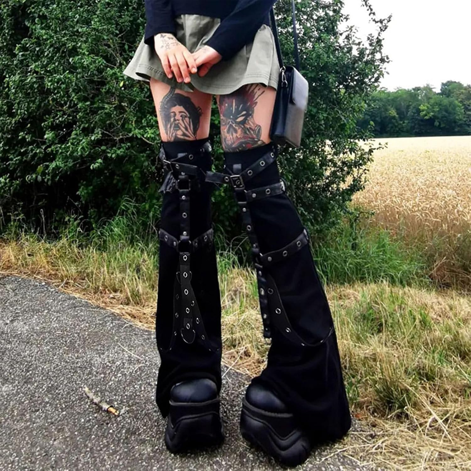 Women Punk Harness Eyelets Straps Flared Leg Warmer Japanese Buckled Thigh High Leg Long Sock Stockings