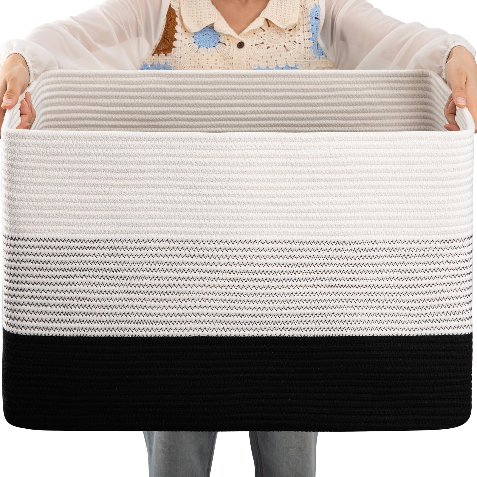 OIAHOMY Large Cotton Rope Basket, Rectangle Woven Baskets for Storage, Nursery Blanket Basket Living Room, Toy Basket With Handle, Baskets for Organizing-24.8x15.7x15.7-Gradient Black