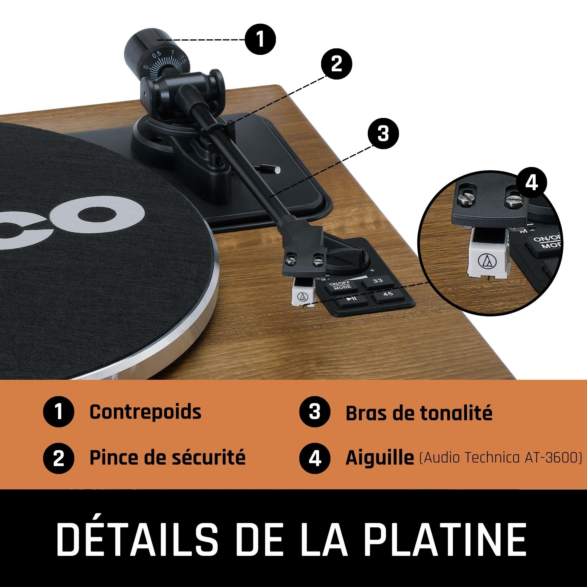 Lenco LS-410WD - Vinyle, Platine Vinyle, Tourne Disque, Lecteur Vinyle, Bluetooth - 33 et 45 - Cellule AT-3600 - 40 W RMS - 4 enceintes intégrées - Préamplificateur - RCA - AUX - Bois