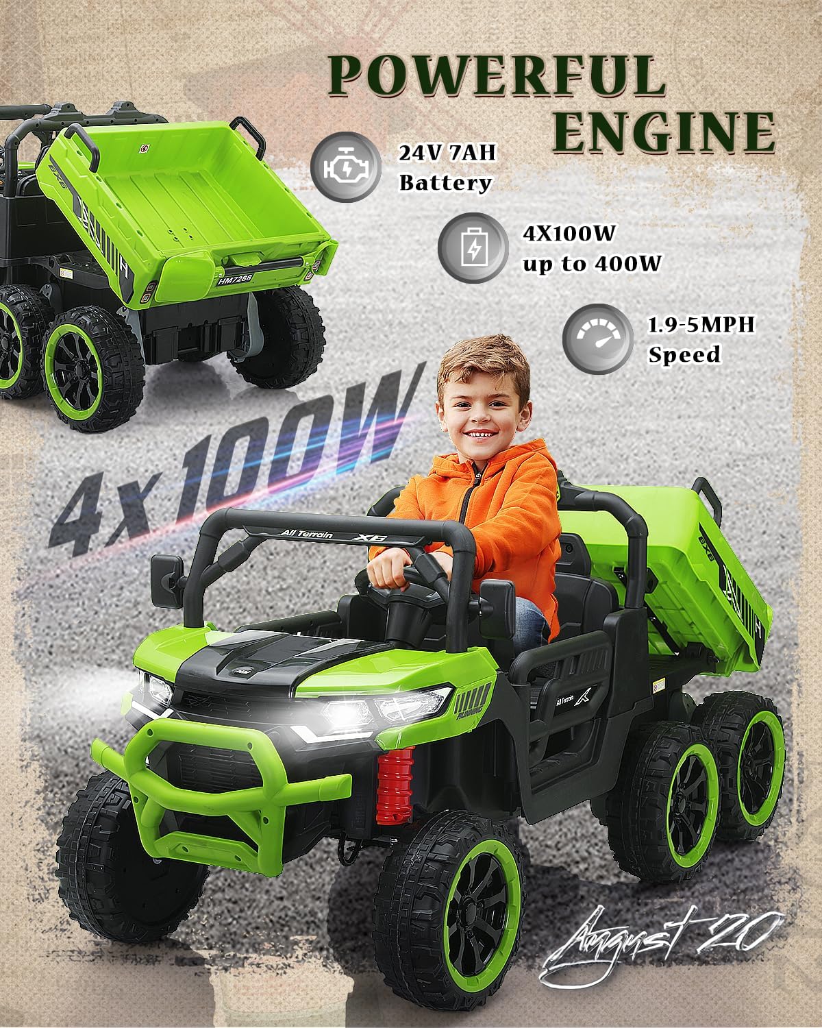 24V Ride on Dump Truck for Kids, XL 2 Seater Ride on Cars with Electric Dump Bed, Shovel, 4x100W Powerful Motors, Music, Bluetooth, LED Light, Perfect Ride on Truck Gift for Toddler Boys Girls (Green)