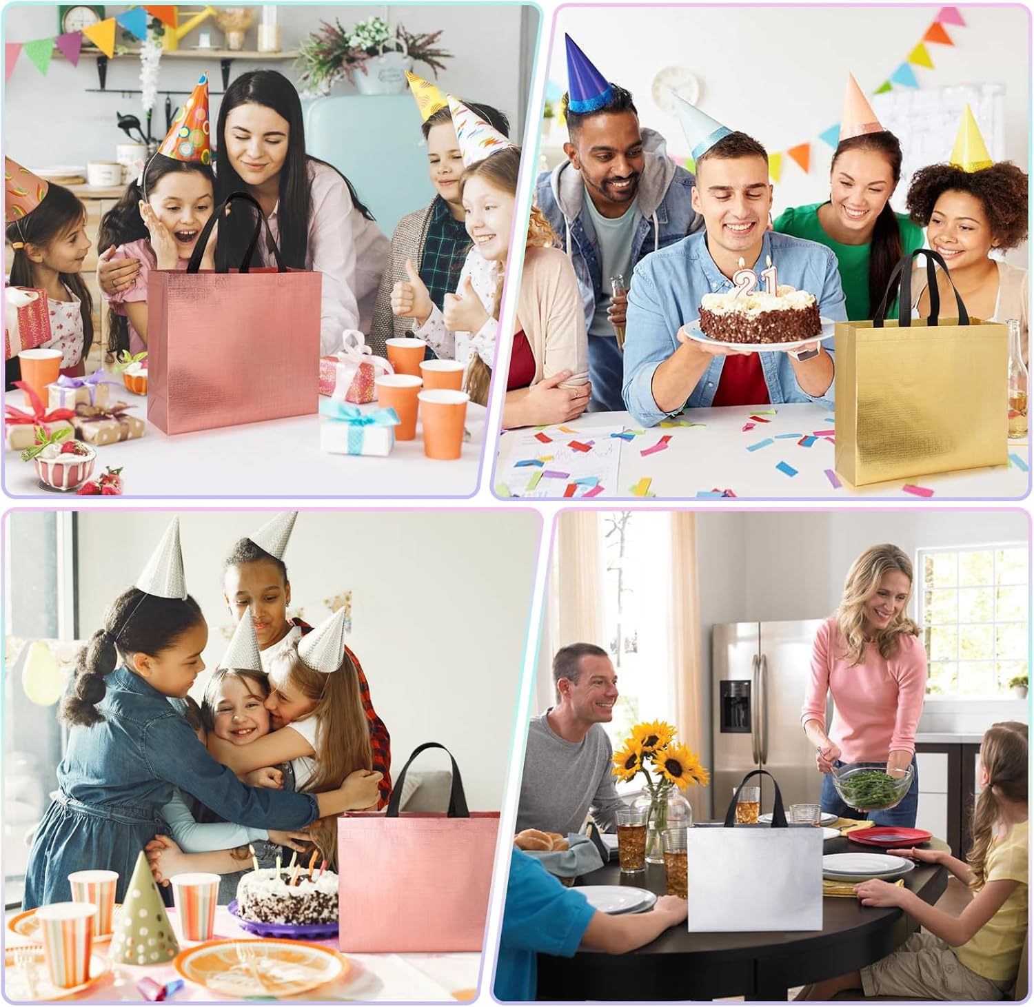 PHOGARY 15Pcs Iridescent Glossy Gift Bags with Handles & Sturdy Base, 12.6x4.7x11 In Reusable Christmas Gift Bags, Non-woven Goodie Bag Bulk for Birthday, Wedding, Holiday Party- 3 Colors - Image 5