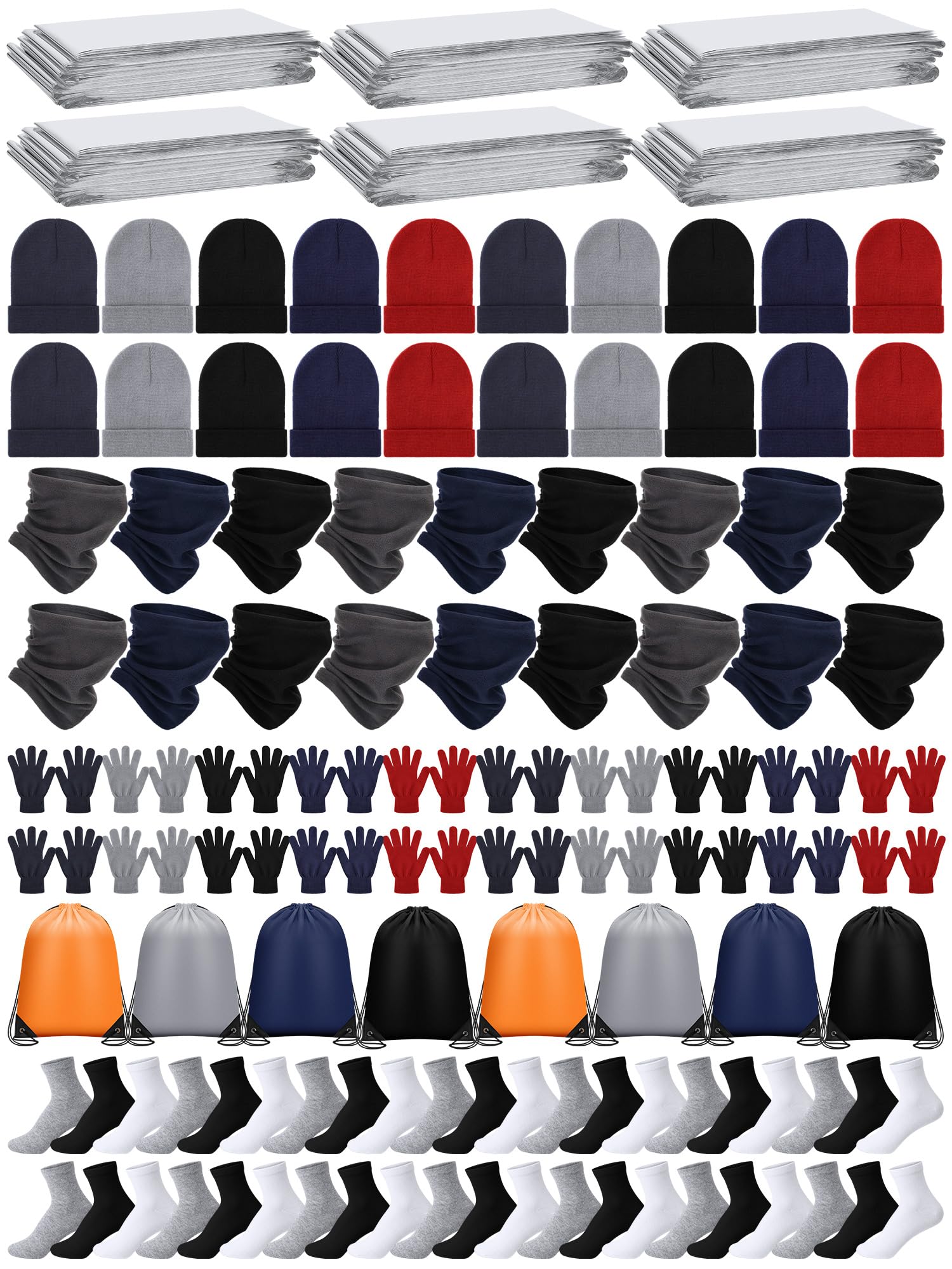 Suhine 120 Pcs Homeless Care Supplies Bulk Emergency Blankets Winter Gloves Beanies Neck Warmers Unisex Socks Drawstring Bags