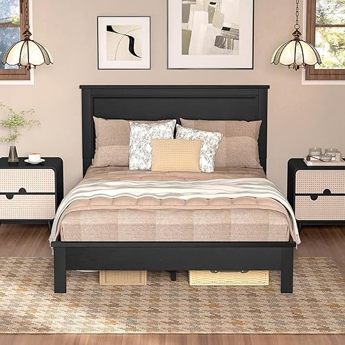 Miniatura 9 de Giantex Marco de Cama de Plataforma Completa de Madera con Cabecero, Marco de Cama de Mediados de Siglo con Patas de Madera Maciza y Soporte de