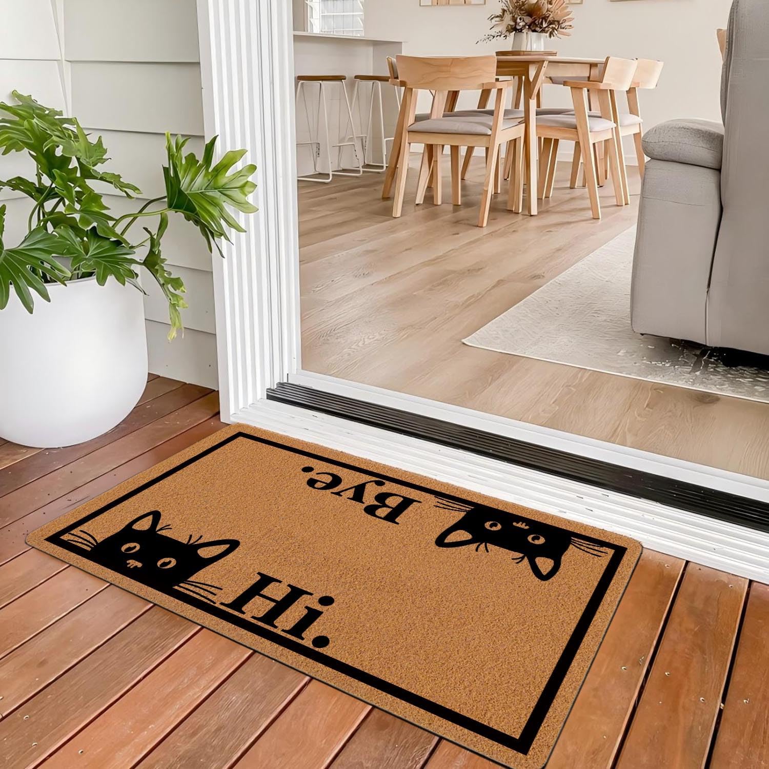 Welcome Door Mat Welcome Hi Bye Cute Cat Outdoor Indoor Entrance, Low-Profile Floor Mats Non Slip Durable Entrance Rugs for Entry, Patio, High Traffic Areas Front Door, 17" x 29.5"