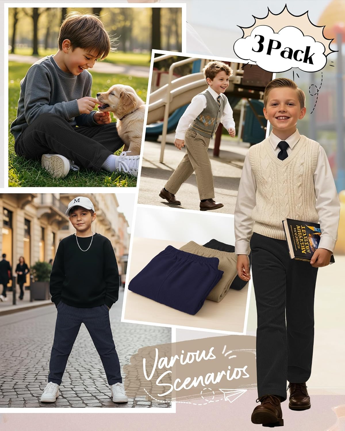 3 Pack Boys' School Uniform Pants Corduroy Pull-on Sweatpants Straight Leg Elastic Waist Joggers with Pockets - Image 2