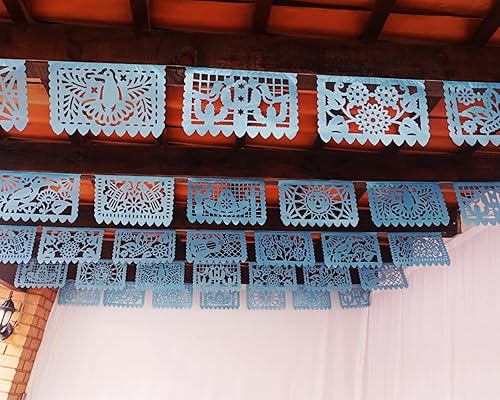 Miniatura 8 de Pancarta de papel picado azul claro (azul brillante), decoración de fiesta azul, bonita pancarta de papel azul para bodas, fiestas mexicanas,