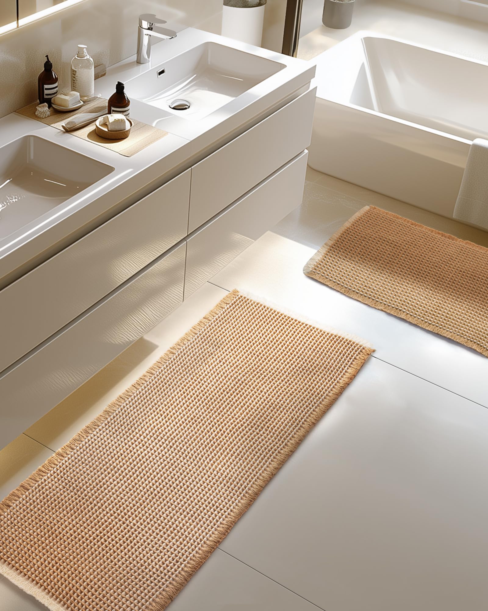 Furicher Large Waffle Bath Mat Set, Non Slip Bathroom Mat Set 2 Piece, Ultra Absorbent Bath Mats, Machine Washable Bath Rugs, Brown & White, 20"×47"