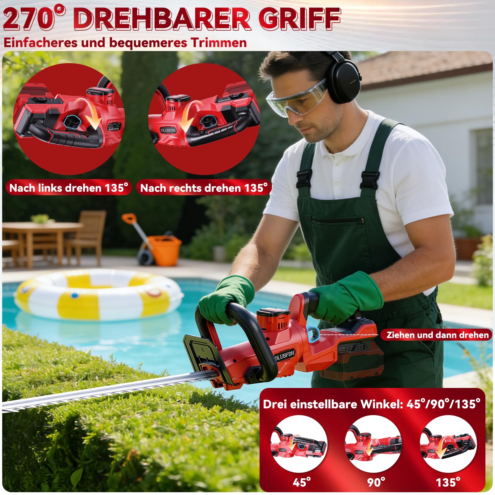 Akku-Heckenschere, für Makita 18V Akkus, Lange Heckenschere (ohne Akku) | Bürstenloser Motor, 52 cm Schnittlänge, 14 mm Zahnabstand, 270° drehbarer Kopf, Inklusive Reinigungspinsel