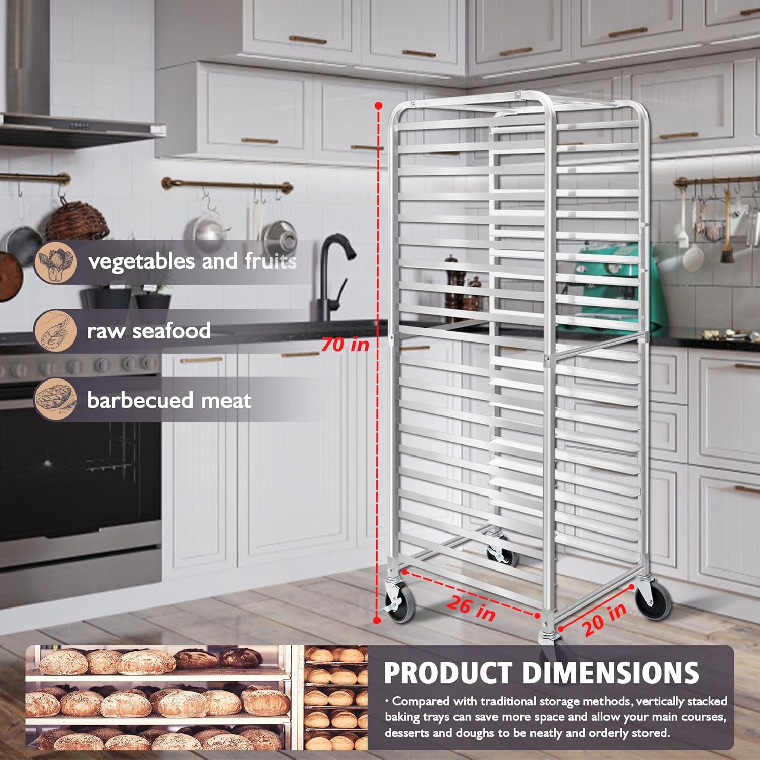 bun pan rack, 20 tier bakery rack with wheels, aluminum sheet pan rack & speed rack for full/half sheets, 26x20x70, for home and kitchen, restaurant