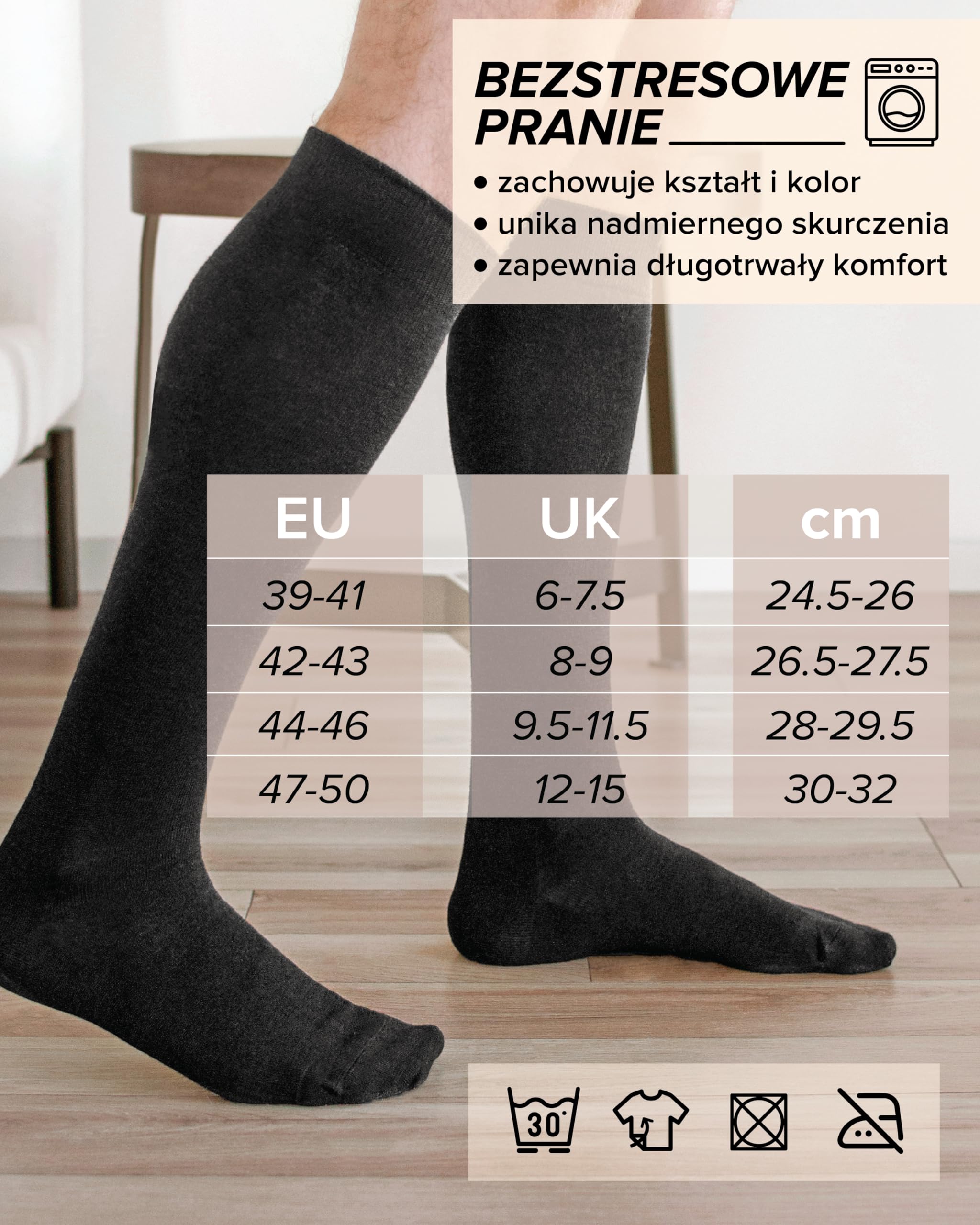 VITSOCKS Podkolanówki z WEŁNY MERINO 80% Męskie Ciepłe na Zimę Wysokie Skarpetki do Kolan