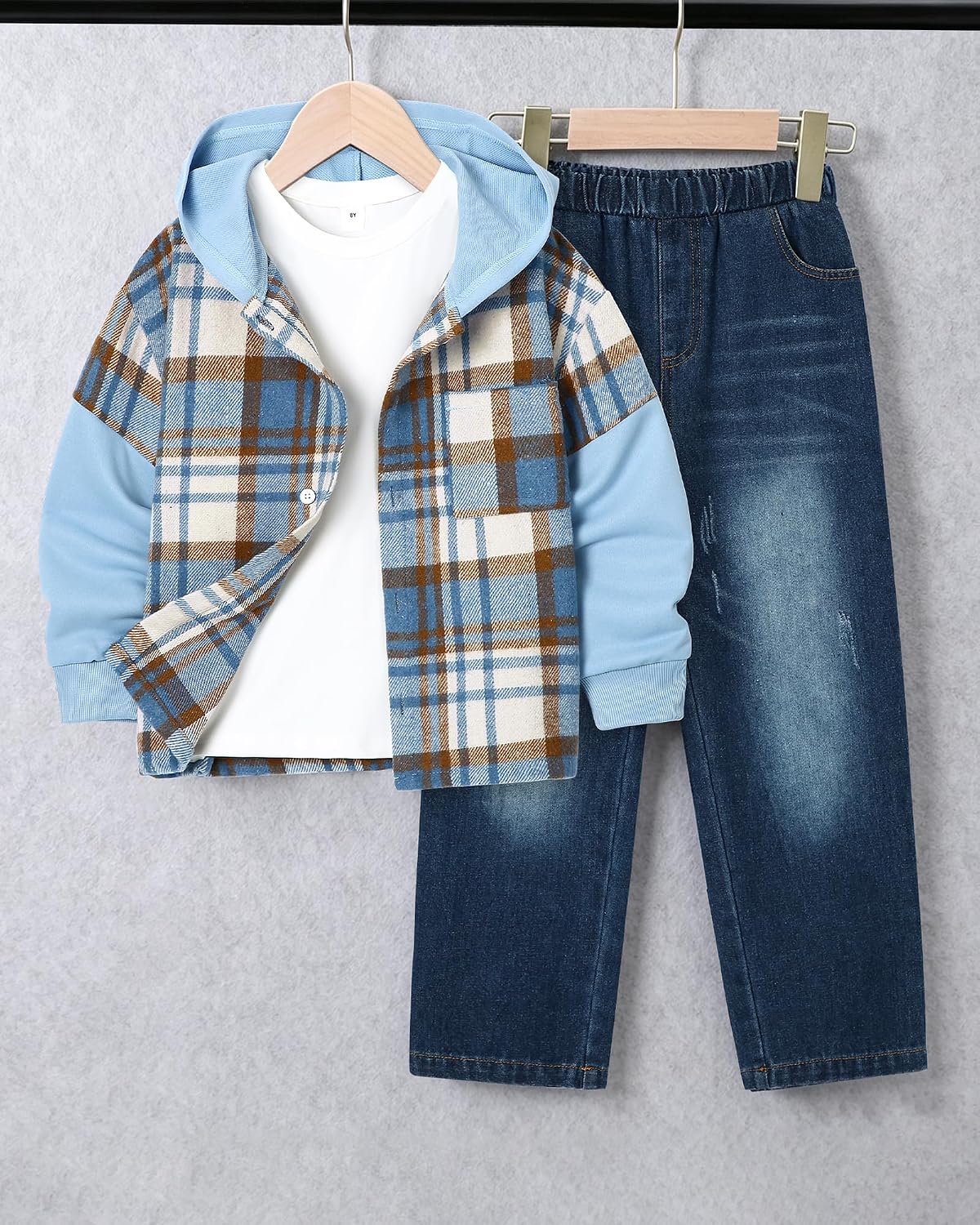ZOEREA Boys Clothes Hoodies Sweatshirt 2 Pieces Outfits 4-12 Years | Flannel Plaid Button Down Top, Jeans with Pockets, Fall Winter, Soft and Comfortable