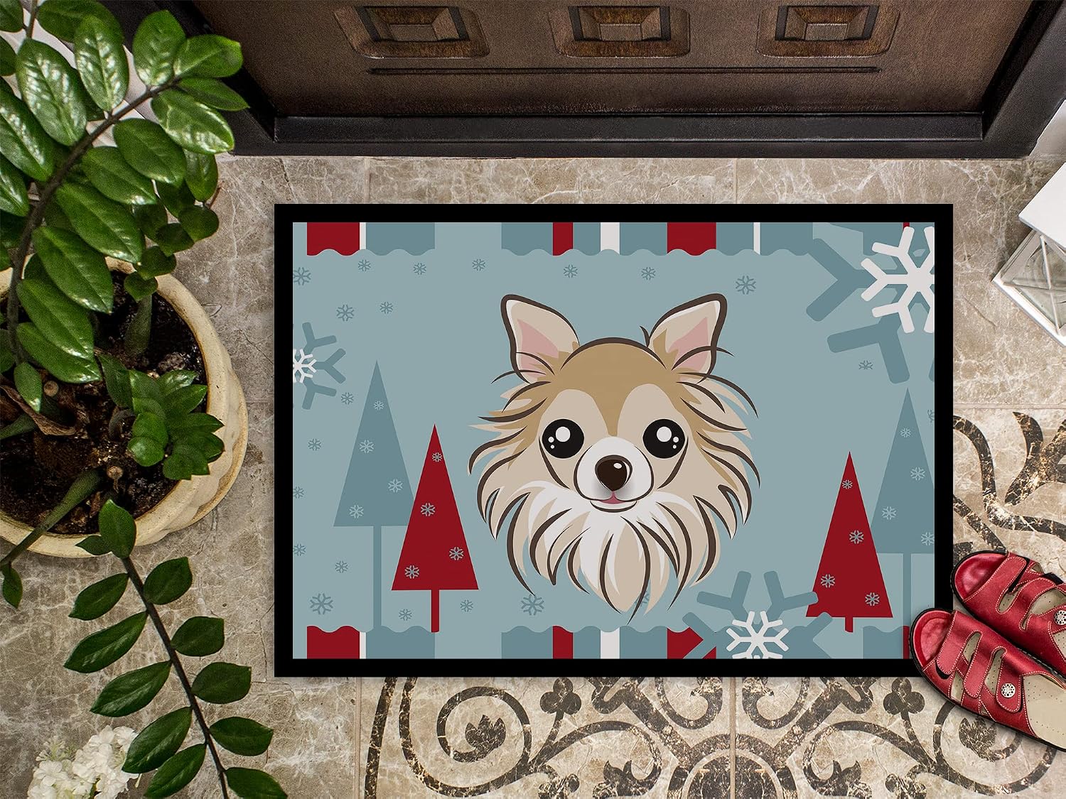 Caroline's Treasures BB1747MAT Winter Holiday Chihuahua Doormat 18x27 Front Door Mat Indoor Outdoor Rugs for Entryway, Non Slip Washable Low Pile, 18H X 27W
