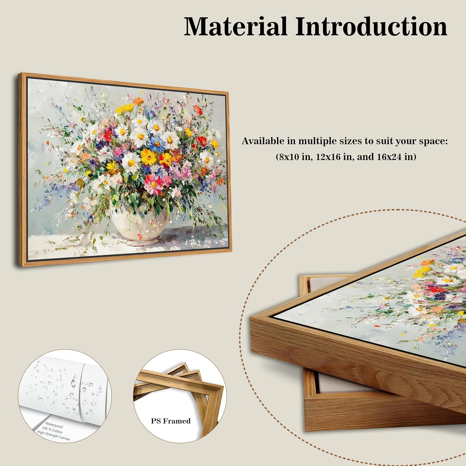 Floating Frame Canvas Wall Art, Vintage Watercolor Floral Pictures Wall Decor, Country Farmhouse Colorful Wildflower Poster Prints for Living Room Bathroom Dining Room Decor 12X16 inch image 3