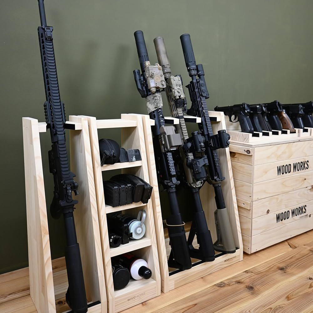 Amazon｜WOOD WORKS 日本製 ライフルスタンド 3丁掛 + マガジンラック