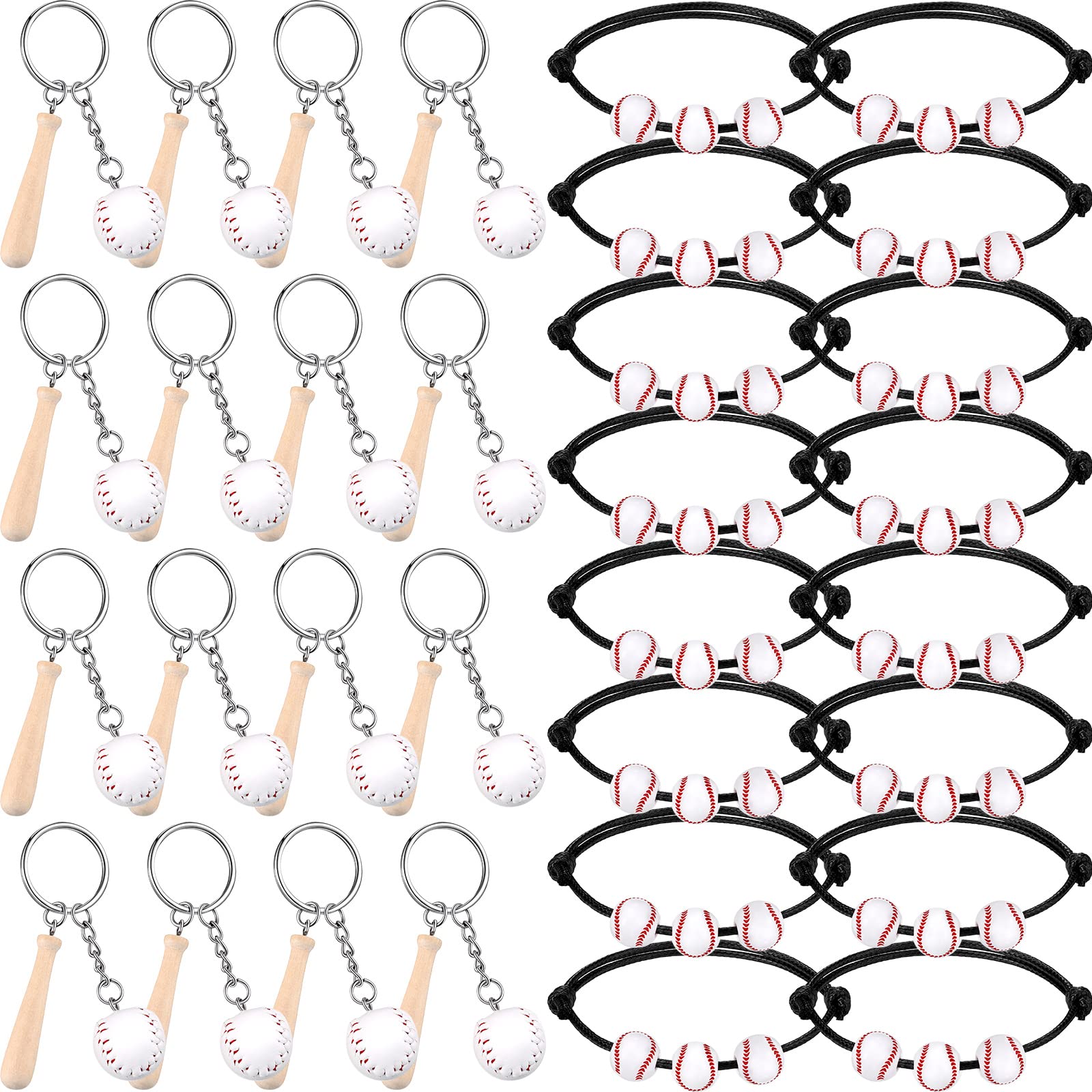 Romooa 32 Pcs Baseball Party Favors Includes 16 Mini Baseball Keychain with Wooden Bat 16 Baseball Charm Bracelets Baseball Beads Bracelet for