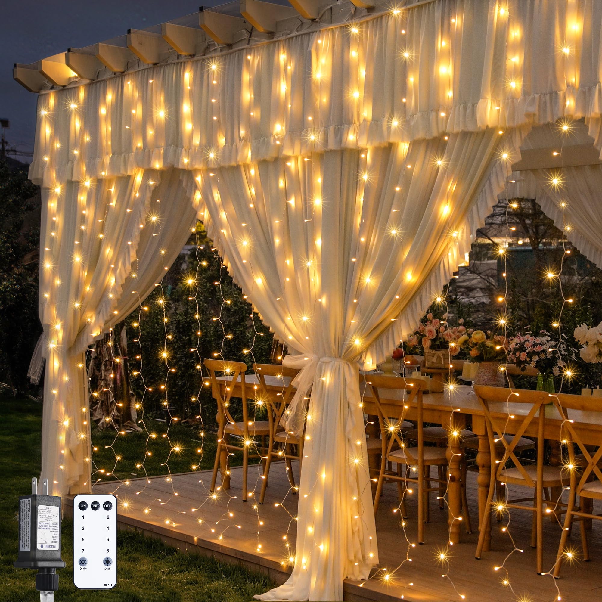 JMEXSUSS 600 LED Curtain Lights Outdoor, 9.5ft x 19.6ft Window Hanging Lights with Remote, Plug in, 8 Modes, Indoor String Lights for Bedroom, Wall,