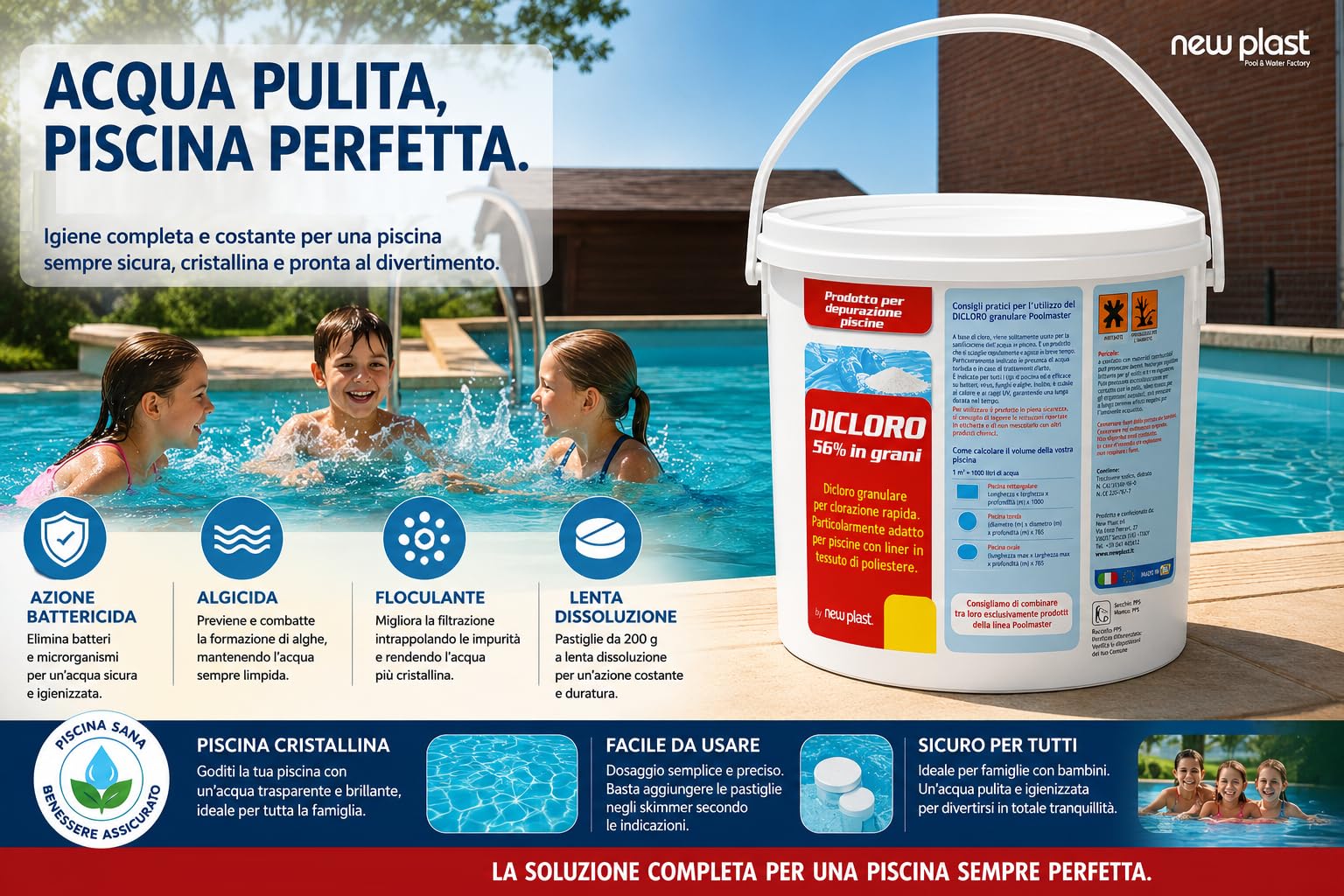 Dicloro in Grani 56% New Plast, Cloro Piscina ad Azione Rapida, Disinfettante, Schiarente e Antialghe per Piscine Interrate e Fuori Terra, 10 kg
