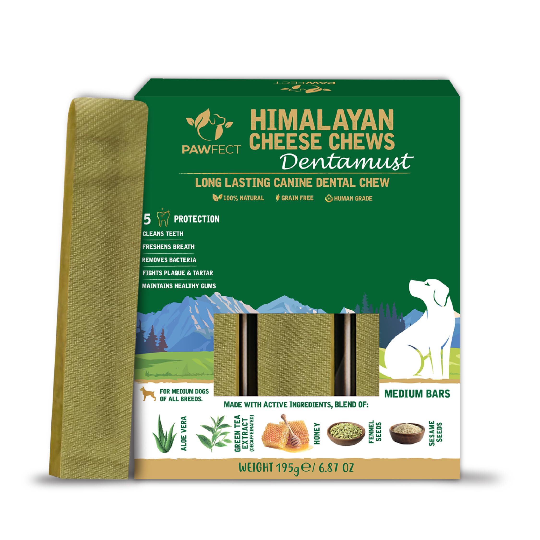 Pawfect Dentamust Himalayan Yak Cheese Chew with Aloe, Honey & Green Tea for Medium Dogs- Long Lasting Dental Chew with Superfoods -100% Natural, Multi Functional Dental Treat- Pack of 3 (195g/6.88oz)