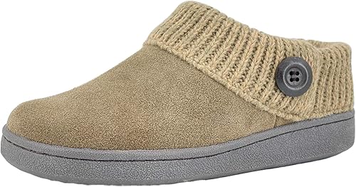 Clarks Womens Slipper Suede Leather Knitted Collar Clog Slippers - Plush Faux Fur Lining