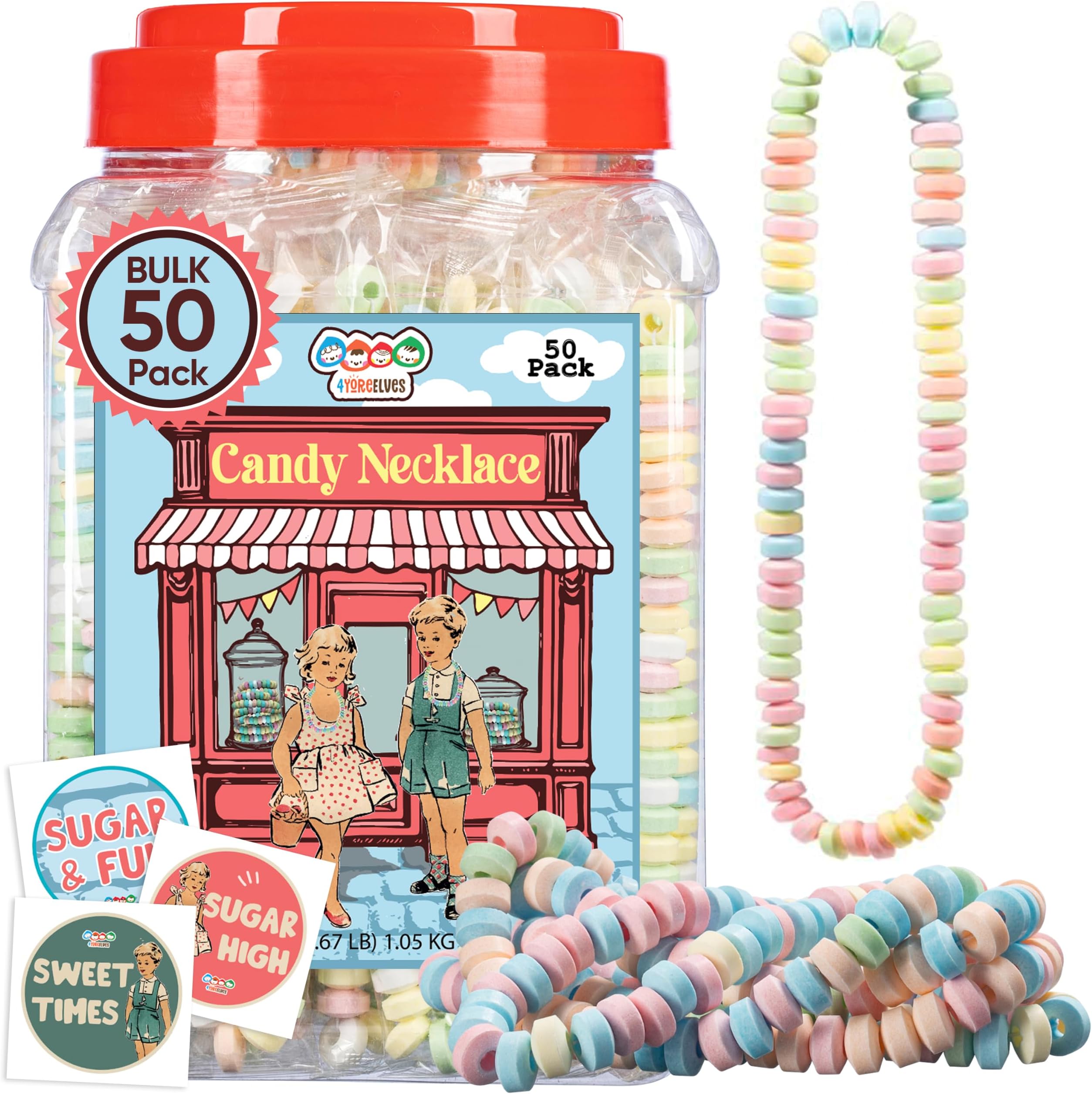 50 Candy Bracelets Individually Wrapped, Bulk Pastel Candy Party Favors