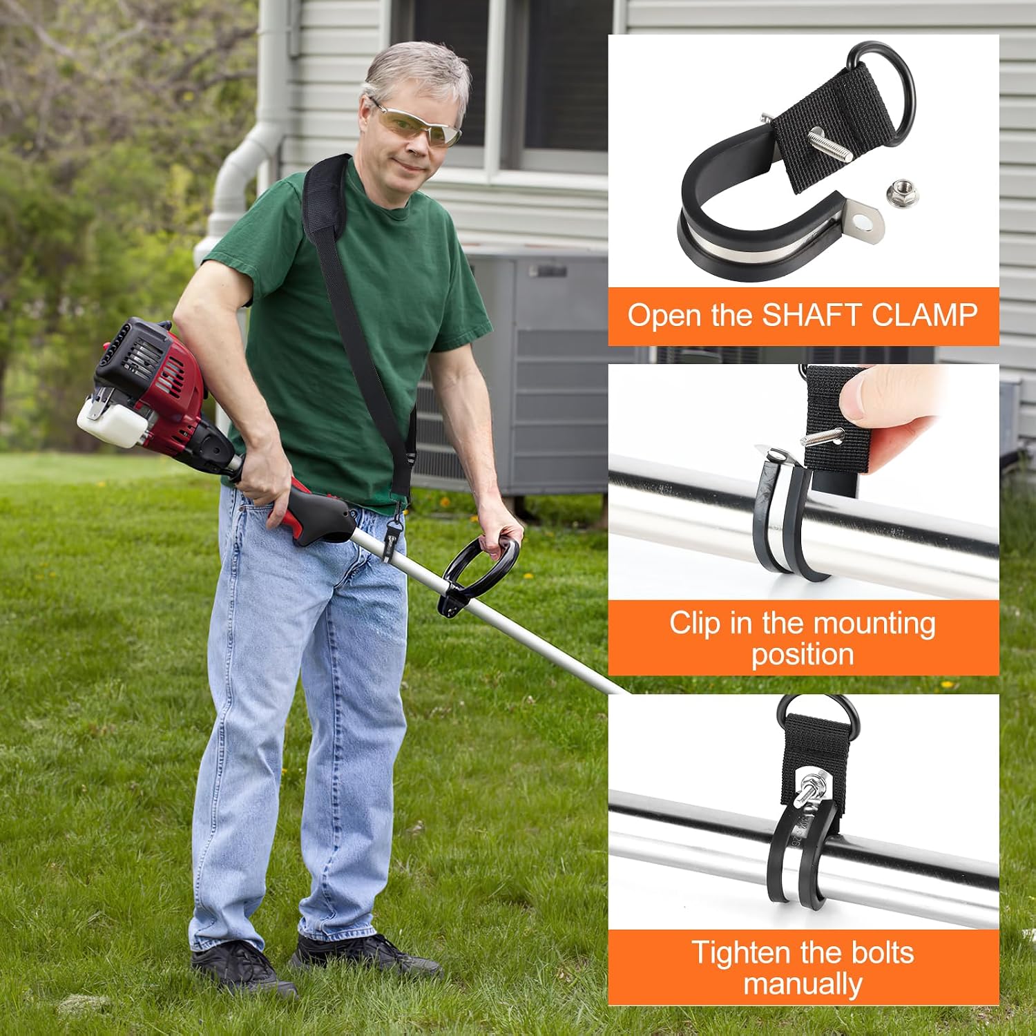 Universal Trimmer Strap shoulder strap Blower Strap for weed whackers, leaf blowers, hedge trimmers and more Sturdy, non-slip shaft clip design