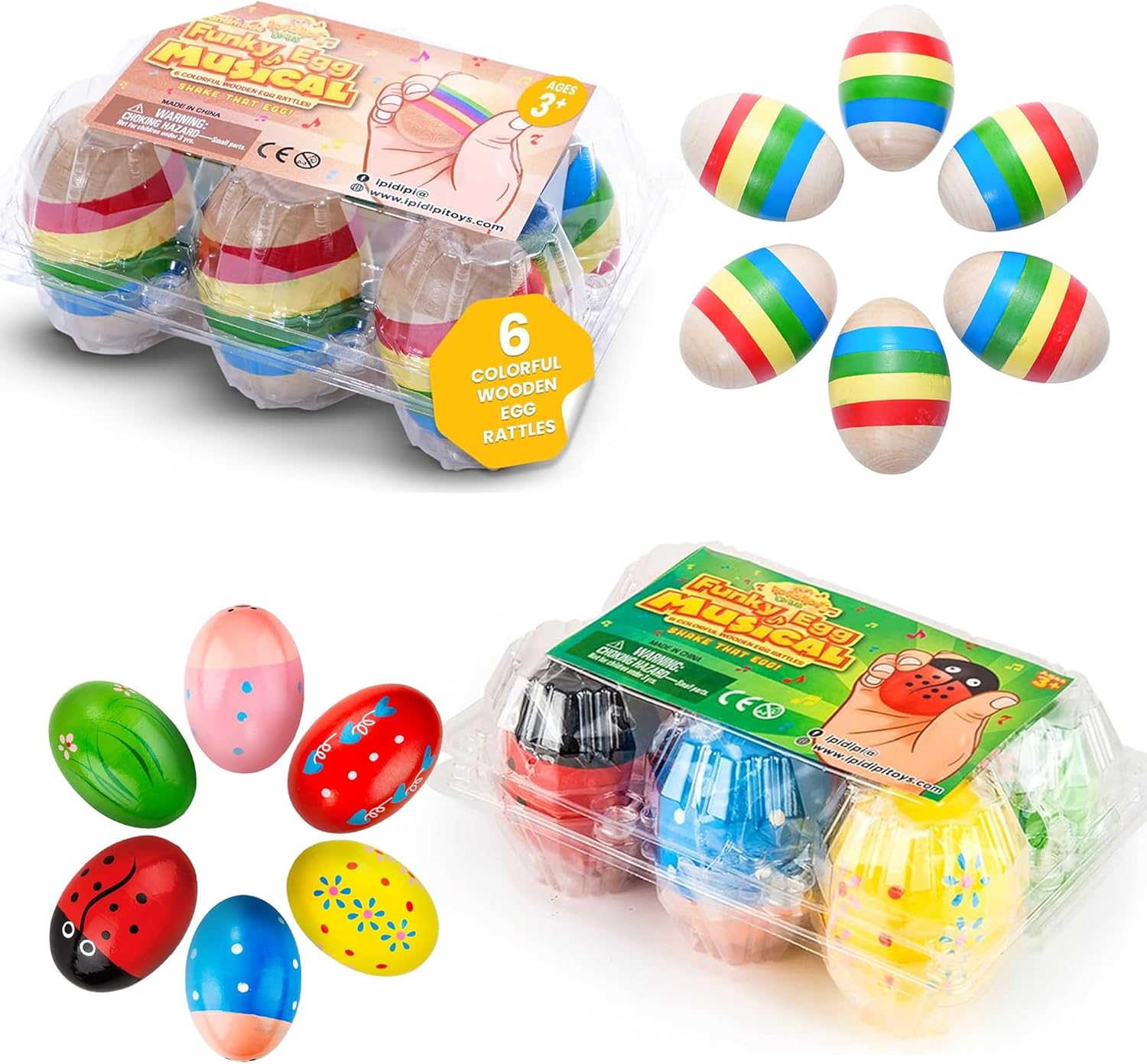 IPIDIPI TOYS Ultimate Egg Shakers Collection - 12-Pack Natural and Colorful Wooden Maracas, Ideal Musical Instruments for Babies, Toddlers, and Kids, Great for Montessori Education and Parties