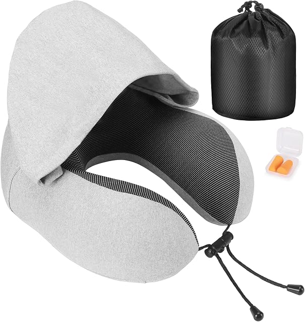 Amazon Brand - Eono Neck Pillow for Travel Memory Foam, Hooded Travel Pillow, Comfortable Neck Support Pillow with Hoodie for Plane Cars Trains Office, Flight Travel Cushion for Sleeping