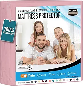 Utopia Bedding Waterproof Mattress Protector Twin Size, Premium Terry Mattress Cover 200 GSM, Breathable, Fitted Style with Stretchable Pockets (Pink)