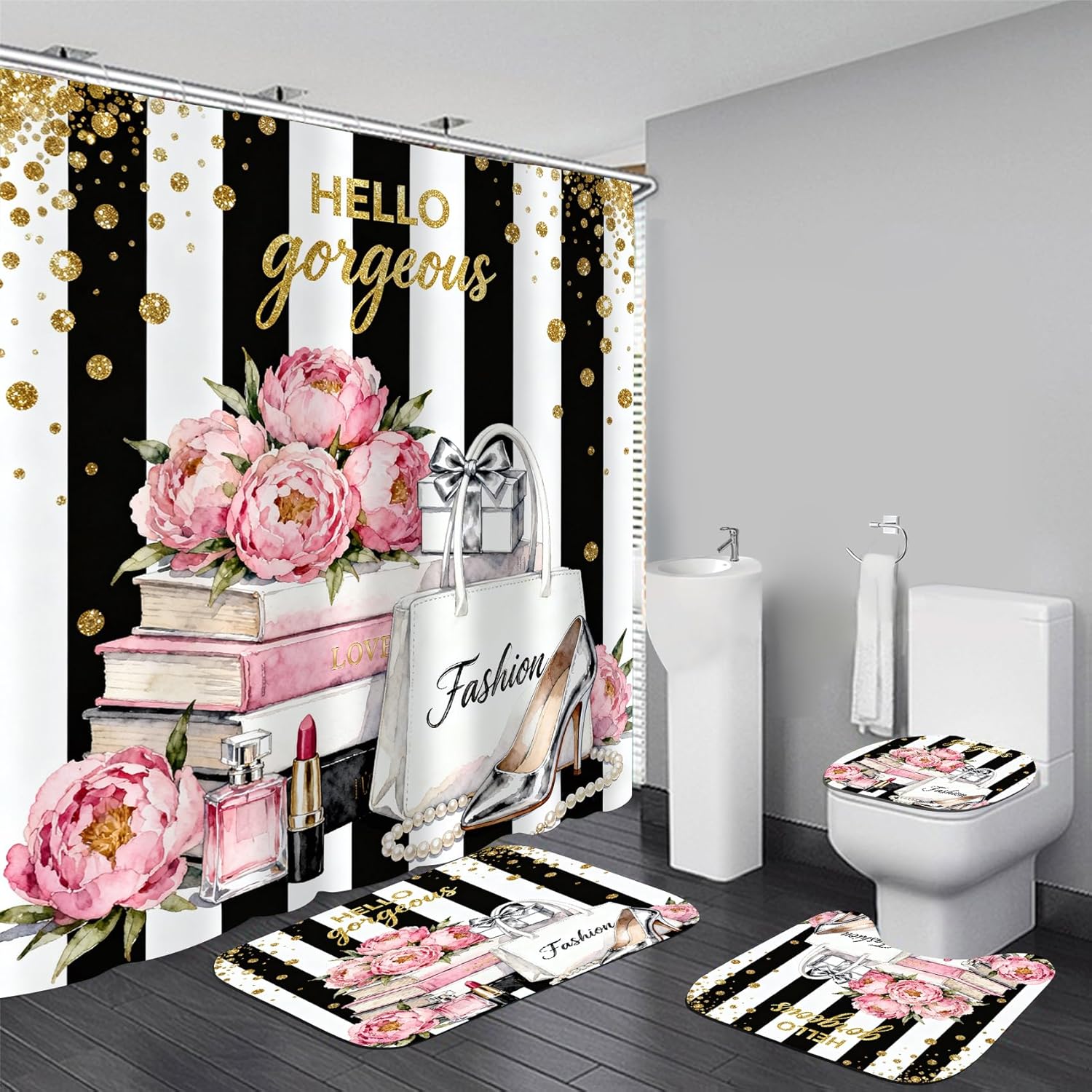 AZHM 4Pcs Pink Floral Perfume Shower Curtain Set Fashion Girly Hello Gorgeous Shower Curtains for Bathroom Black and White Striped Bathroom Decor Sets and Rugs and 12 Hooks
