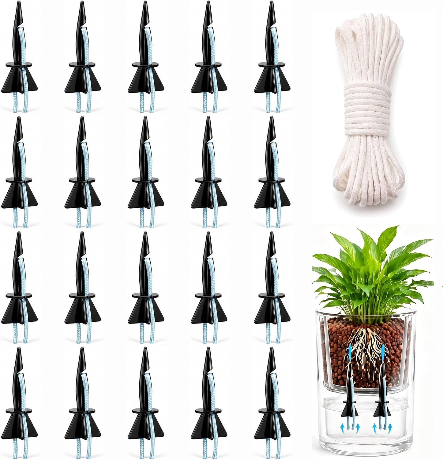 20 Pack Self Watering Spikes for Indoor Outdoor Plants, Automatic Plant Watering Stakes DIY Drip Irrigation System with 32.8ft Capillary Wick Rope for Potted Plants, Seedlings, Garden Pots