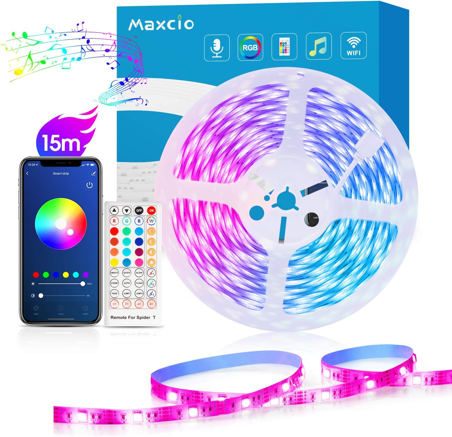 Maxcio Smart LED Strip Lights 15M, WiFi LED Light Strips with IR Remote, Music Sync Color Changing RGB LED Strip, Alexa Google Home Accessories, , SmartLife APP Control, Timer & Schedule Home Decor