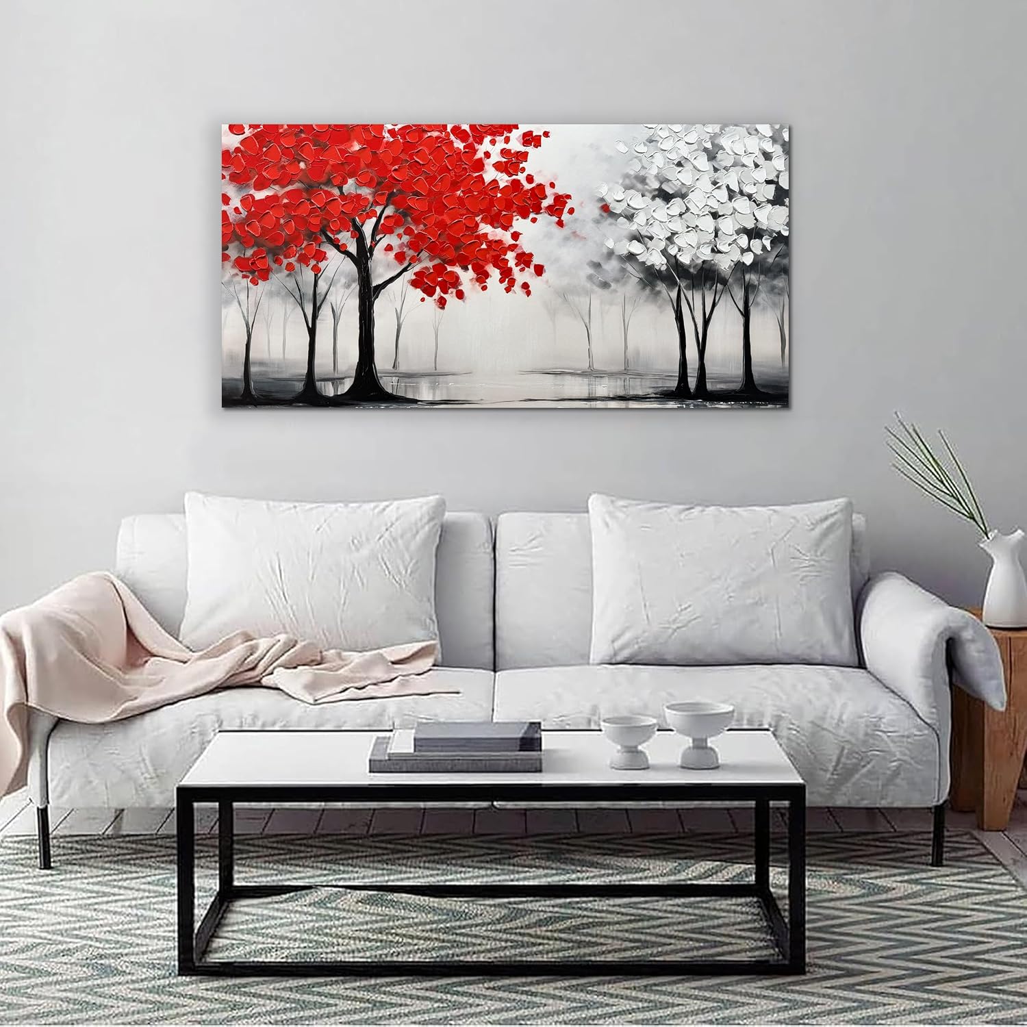 AUUZAIUA Large Canvas Wall Art for Living Room Red and White Misty Forest Hand Painted Aesthetic Artwork for Bedroom Office Kitchen 24"x48"