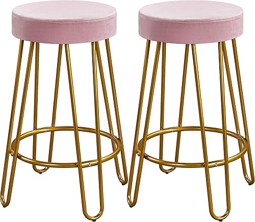Miniatura 12 de Yaheetech Taburete redondo para encimera de cocina, taburetes de bar con patas doradas, asiento tapizado de terciopelo para cocina/comedor, gris,