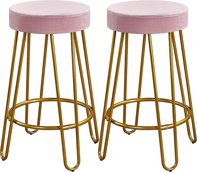 Yaheetech Set of 2 Barstools Kitchen Counter Stools Round Backless Kitchen Bar Chairs with Metal Legs for Breakfast/Dining Room/Living Room, Pink
