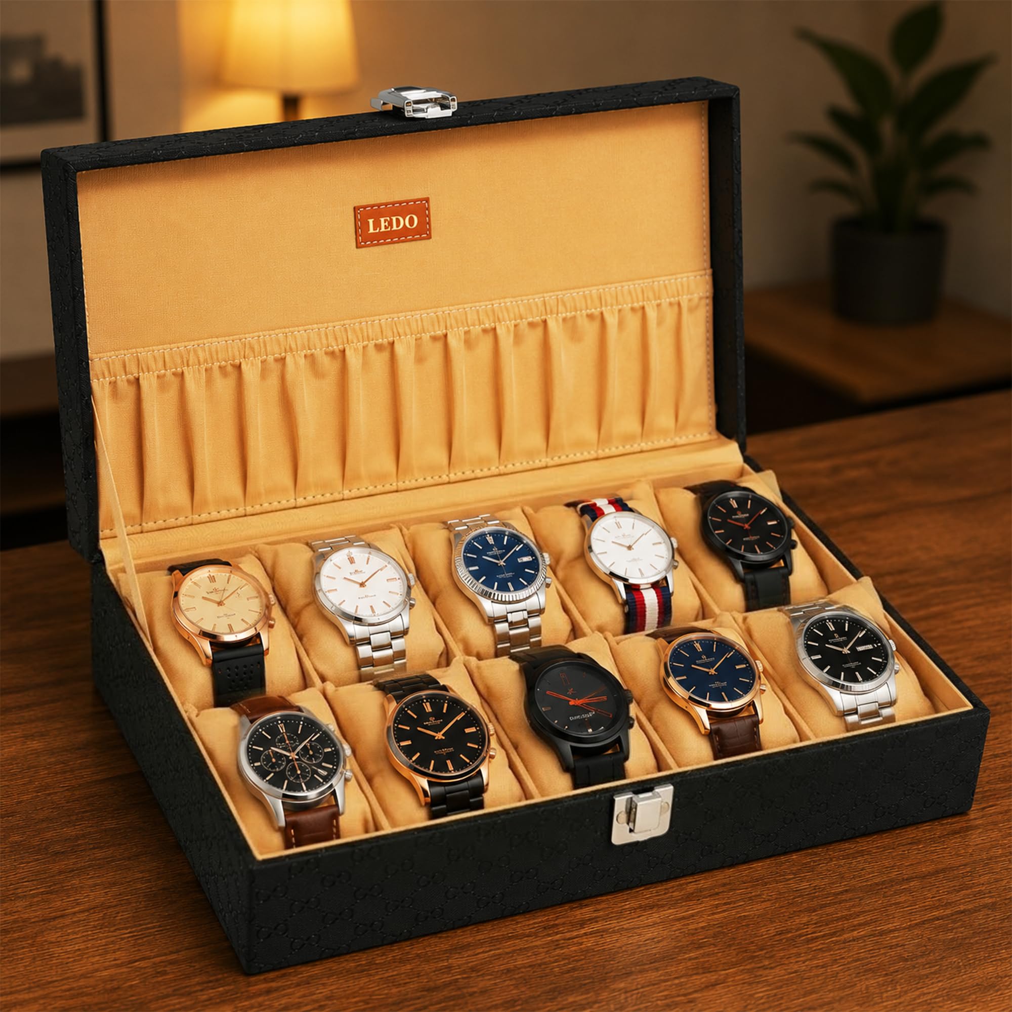 LEDO Men's and Women's PU Leather Watch Box Organizer Case in Royal Black Color with 10 Slots of Watches