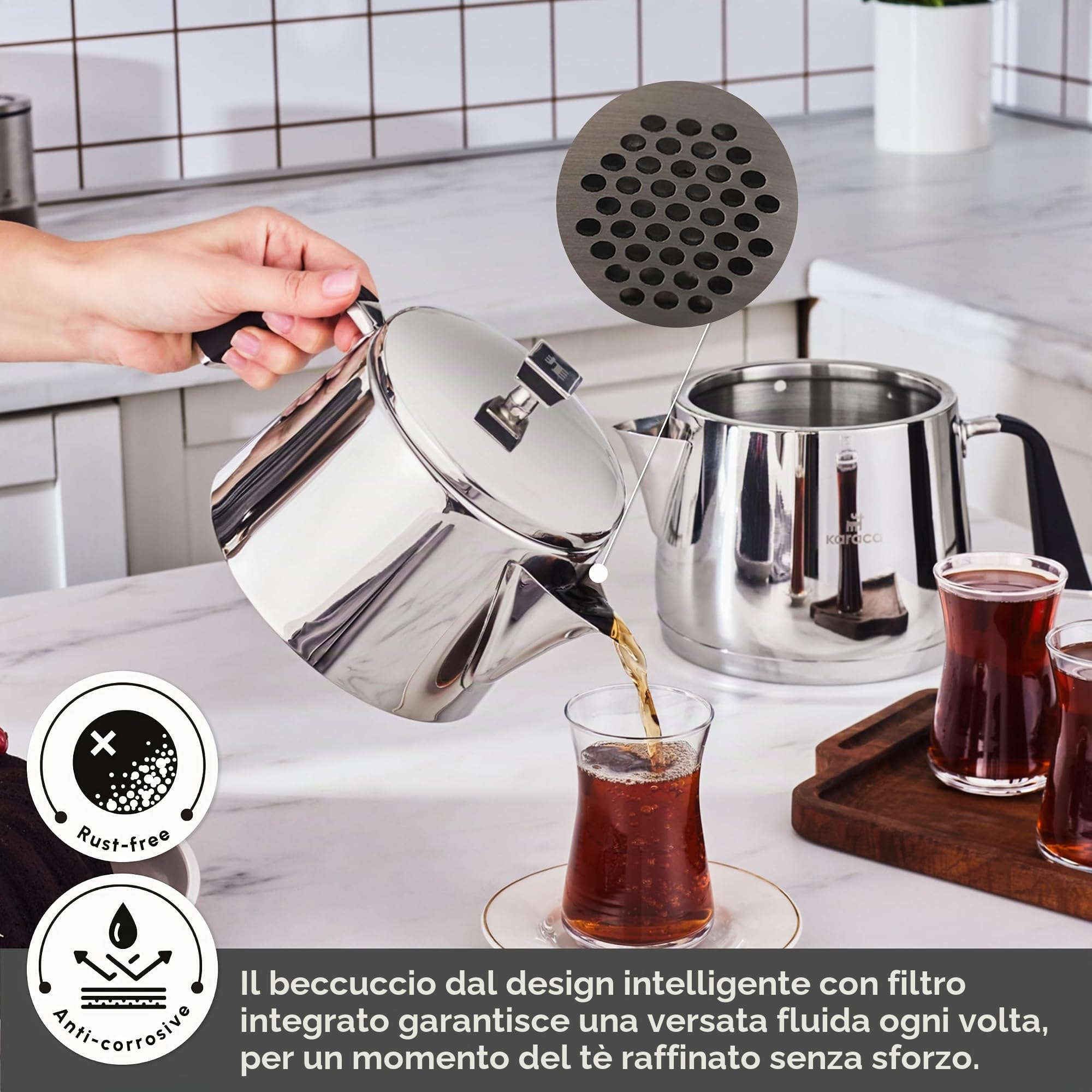 Karaca Set Teiere in Acciaio Inox Fiona 3 Pezzi 0,75 L Beige Adatto a Induzione Lavabile in Lavastoviglie per Famiglia e Ospiti